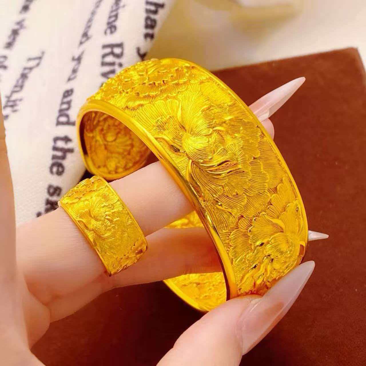 越南沙金实心宫廷风国色芳华国潮牡丹宽版戒指手镯繁花婚嫁女手饰