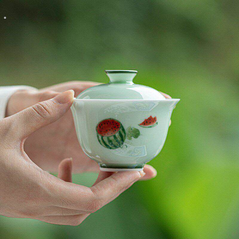 果绿釉下彩手绘西瓜盖碗手工陶瓷薄胎泡茶碗茶杯整套功夫茶具