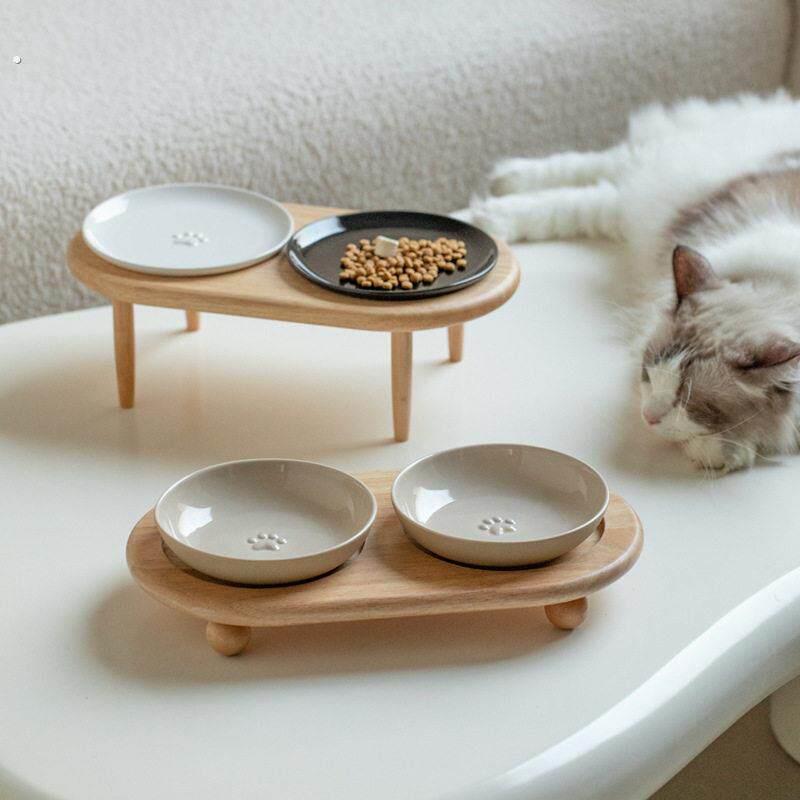 芝小麻素雅陶瓷猫盘实木碗架高脚两用可调节保护颈椎大口径猫粮碗