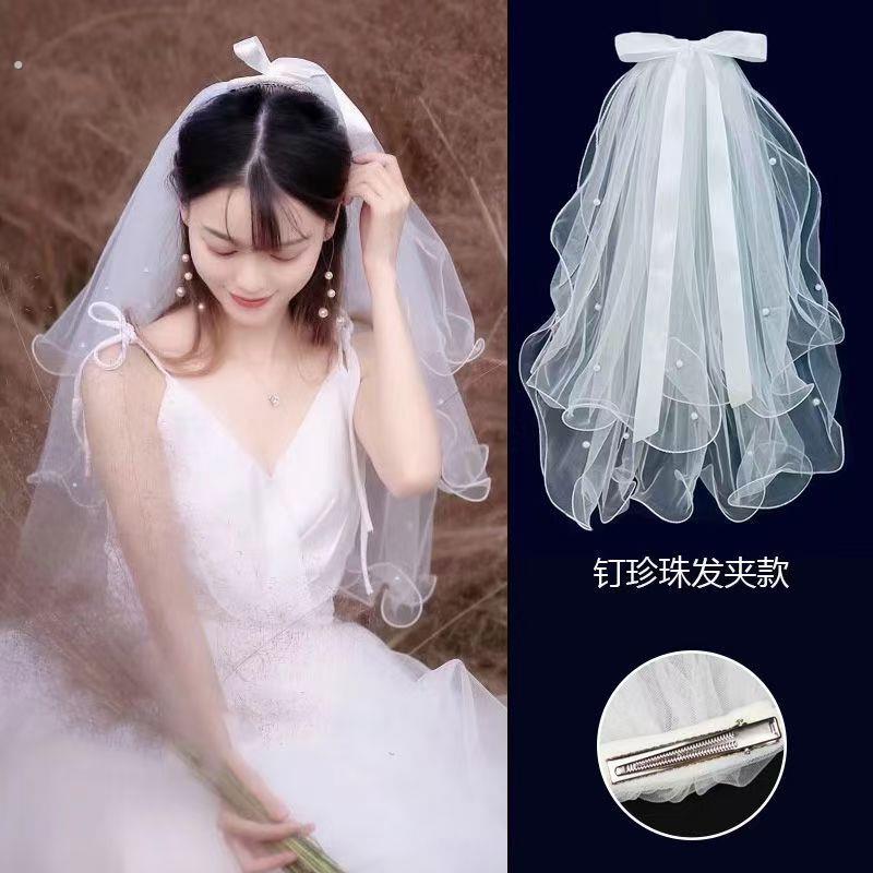 新娘珍珠小头纱2025新款领证拍照道具结婚登记法式小众轻婚纱头饰