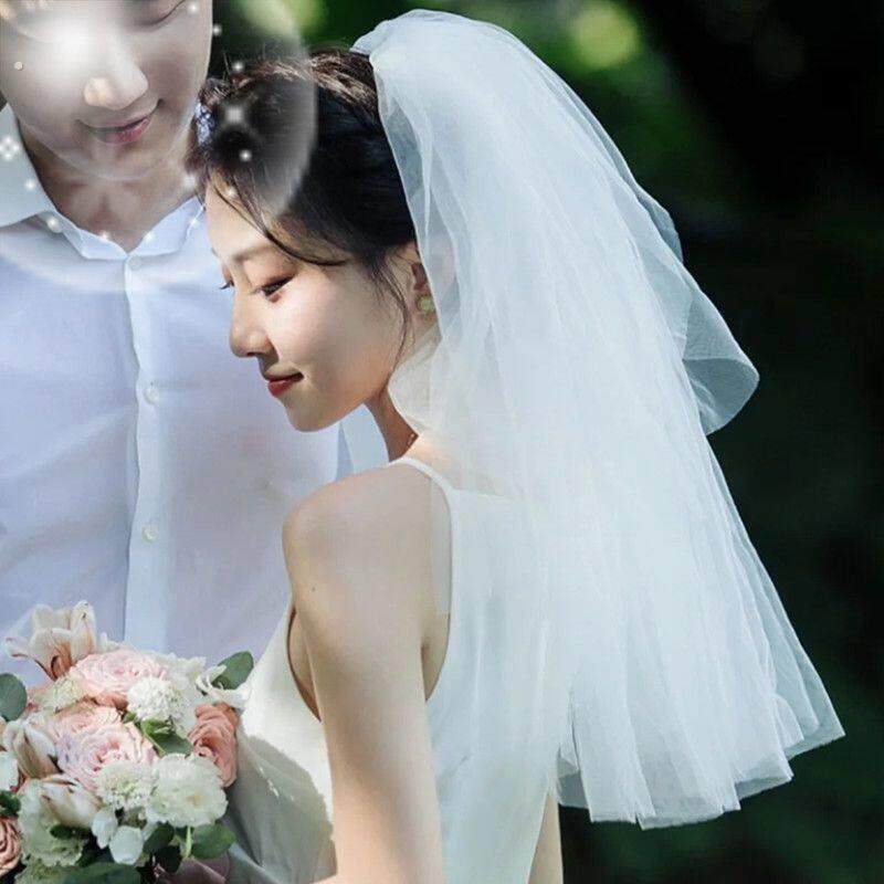 领证小头纱新款求婚道具森系素纱头饰短款双层旅拍韩式蓬蓬发饰纱