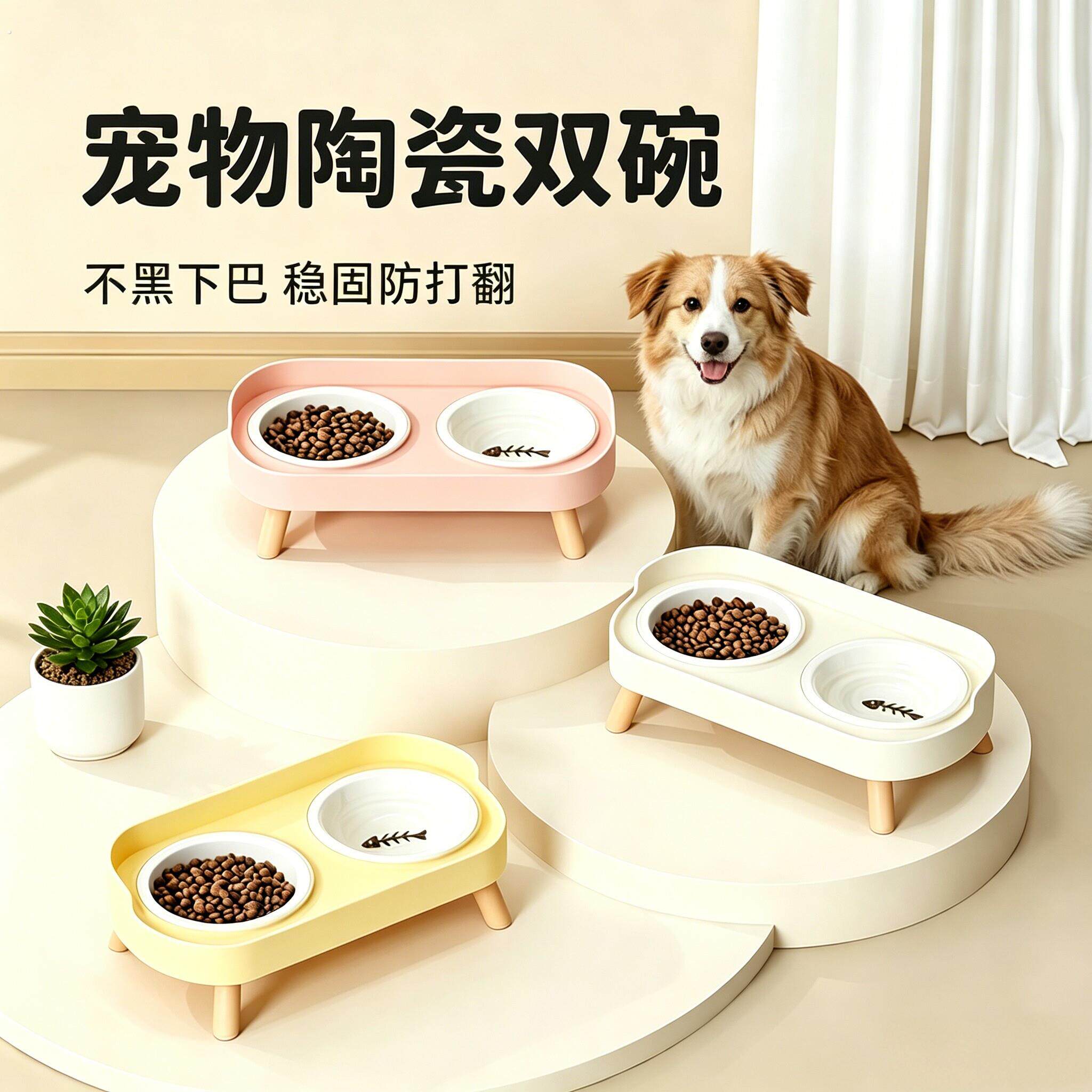 猫碗陶瓷高脚防打翻猫粮碗不锈钢狗狗喝水碗防漏食宠物碗宠物食盆