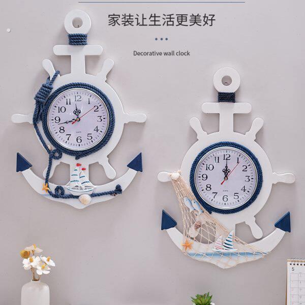地中海风格复古做旧船锚挂钟墙面装饰品挂件木质船舵创意静音钟表