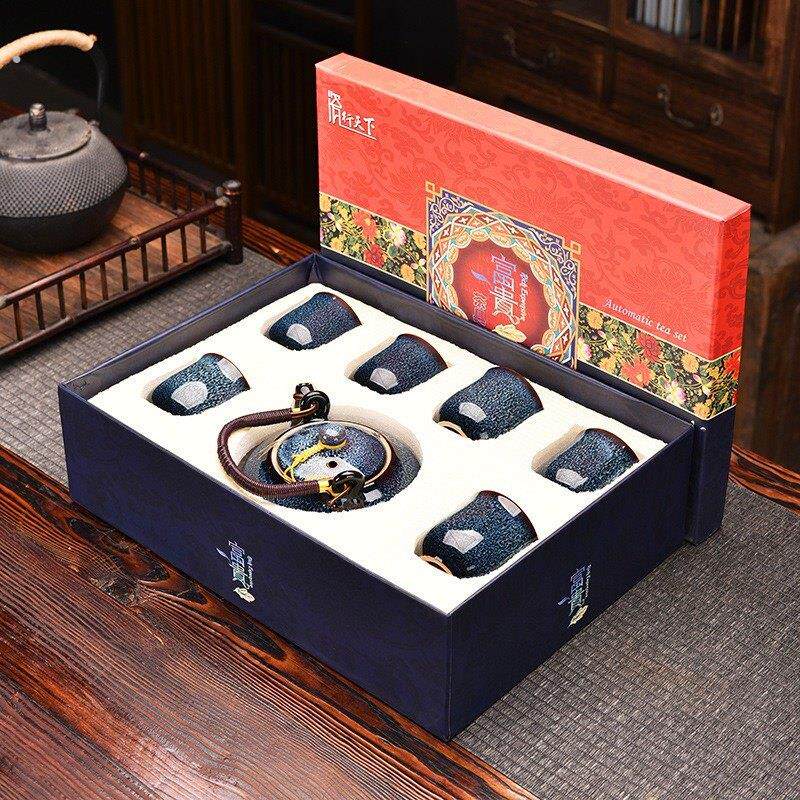 淄博博山陶瓷琉璃大观园窑变茶具整套装功夫茶具一壶六杯礼盒装图片