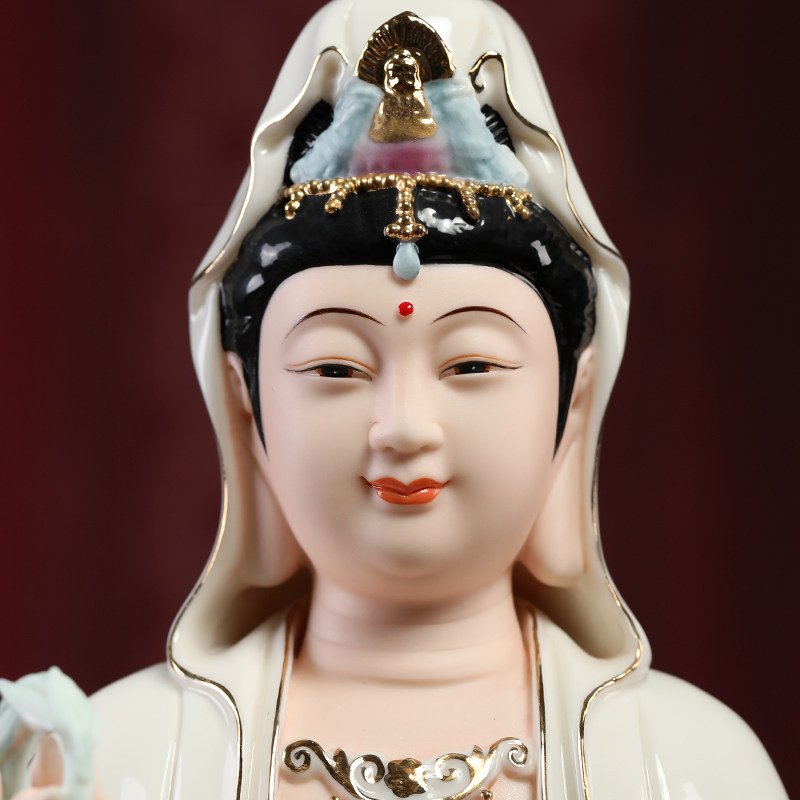 戴玉堂陶瓷摆件荷叶宝莲观音坐莲花彩绘观世音菩萨像佛像供奉家用