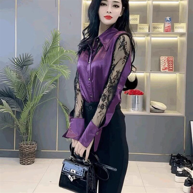 法式设计感蕾丝拼接衬衫女修身显瘦内搭气质打底衫POLO领紫色上衣