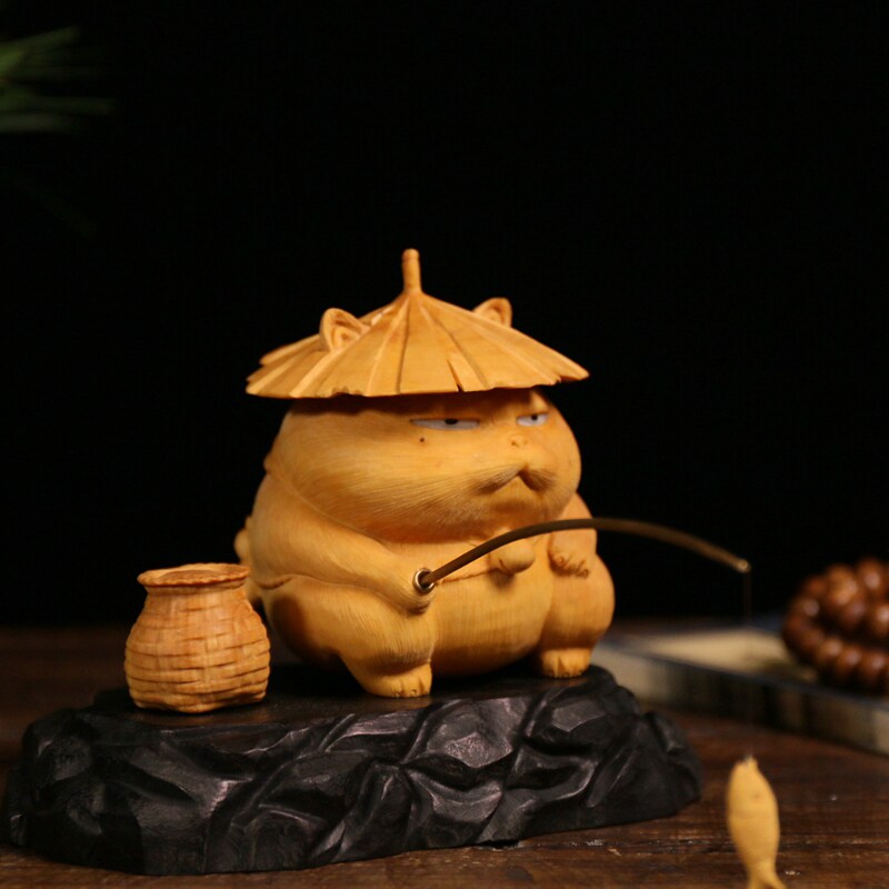 小叶黄杨木雕动物家居装饰摆件工艺品纯手工实木雕刻香插懒猫钓鱼