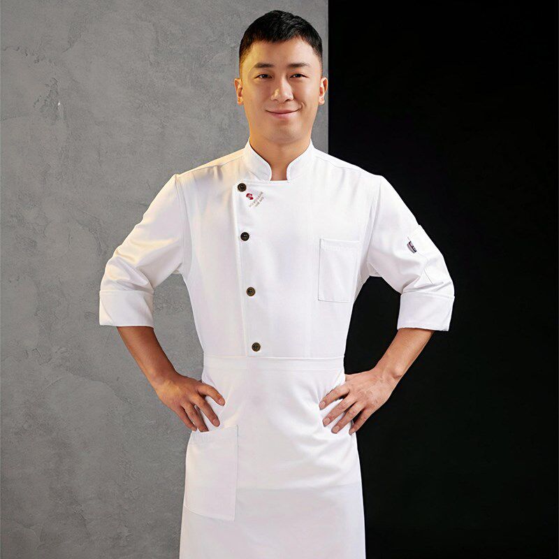 酒店高端餐饮厨师工作服男女饭店食堂厨房秋季工装蓝色七分袖新品
