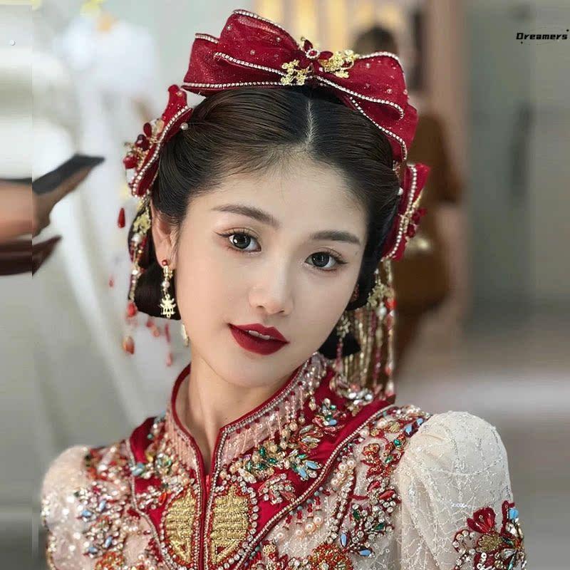 。减龄蝴蝶结红色秀禾头饰女新娘结婚中式敬酒服婚礼秀禾服发饰高