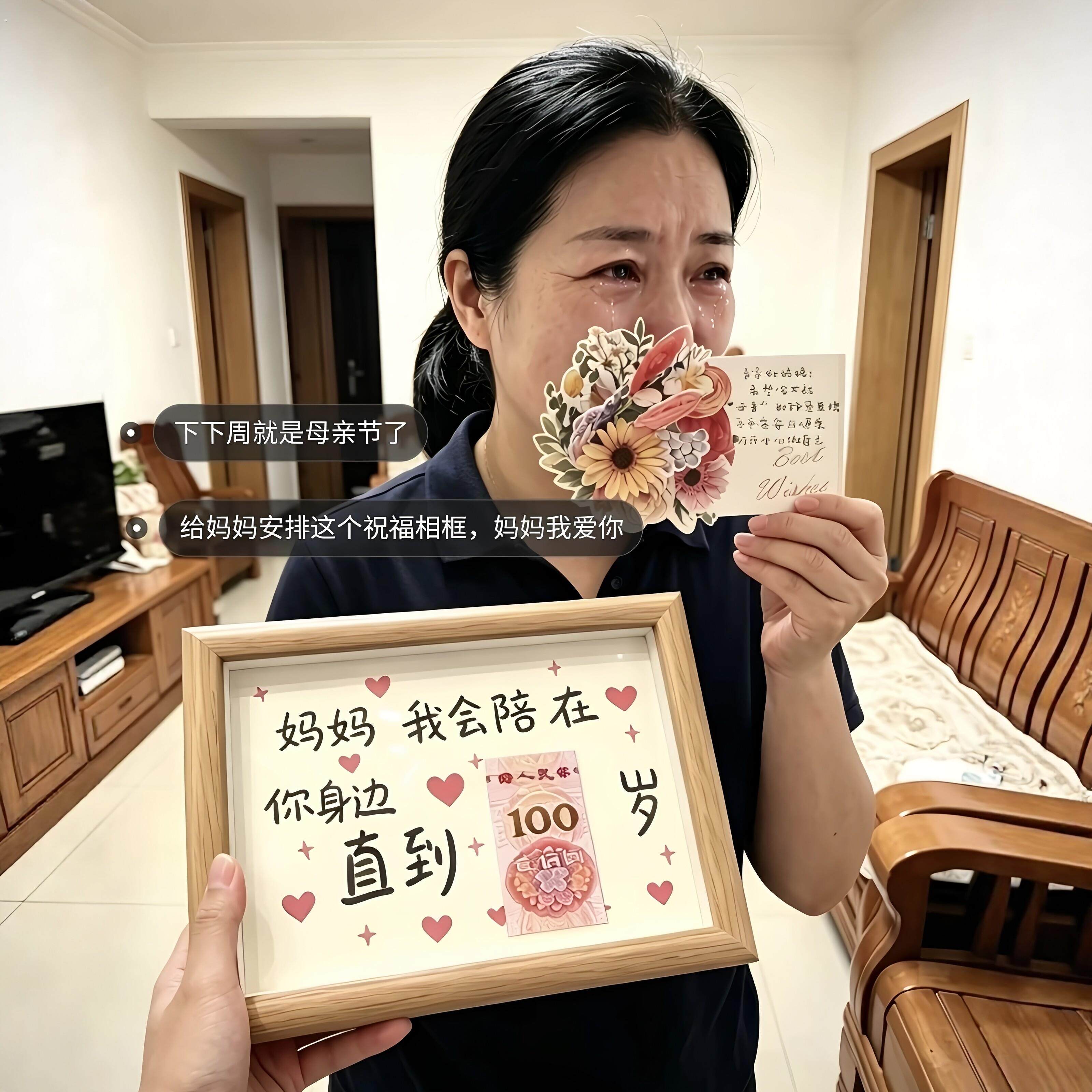 妈妈我会陪你到100岁!母亲节礼物木质相框送妈妈桌面装饰品摆件