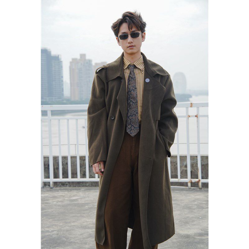 何记港风/复古毛呢大衣男中长款西装男士冬季风衣外套
