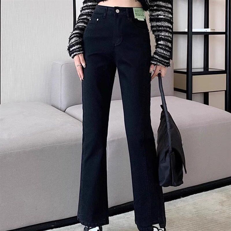 小吉家大码女装黑色微喇牛仔裤秋季高腰小个子直筒遮胯显瘦九分裤