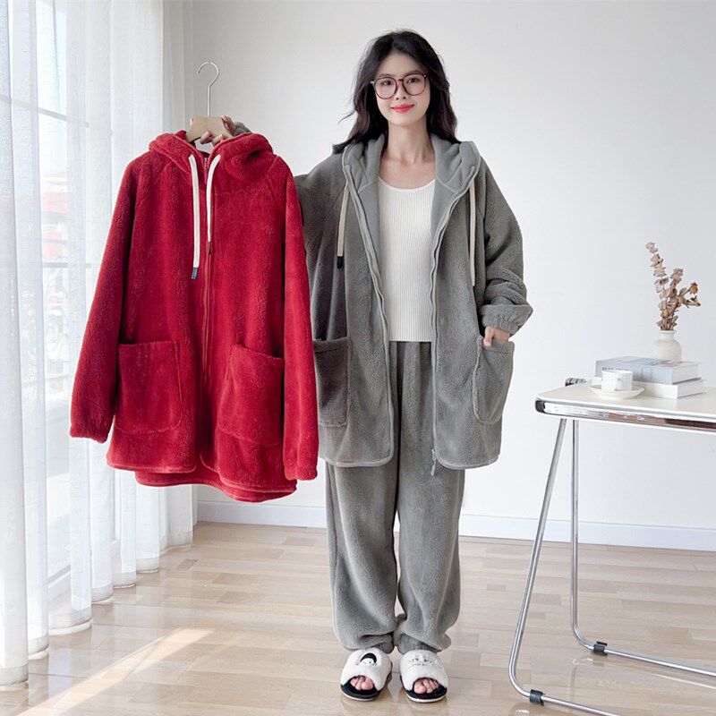 冬季连帽拉链保暖绒大码情侣睡衣女200斤加厚珊瑚绒男家居服套装