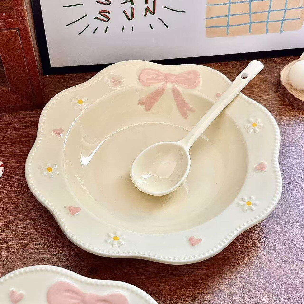 蝴蝶结可爱一人食餐具家用特别好看的碗二人食碗碟套装盘子饭碗