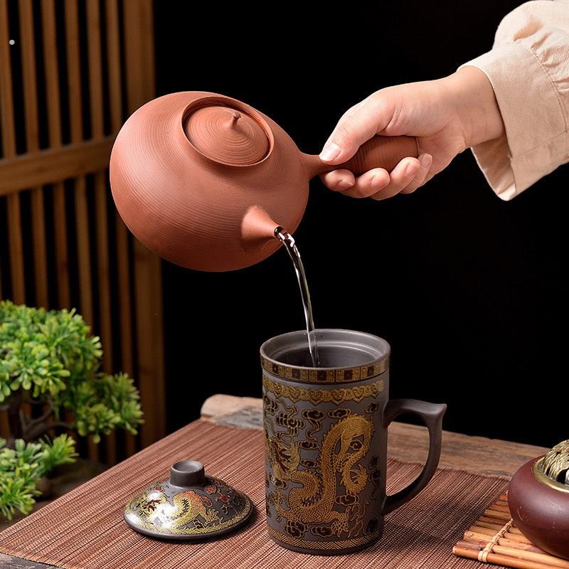 -遇热可变色 紫砂经文百福杯带茶漏茶水分离泡茶杯带盖大号龙纹杯