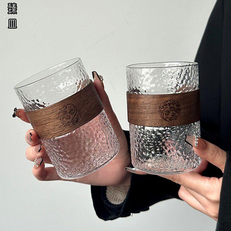 中式喝茶玻璃水杯防烫隔热茶杯简约家用咖啡杯耐热耐高温锤纹杯子