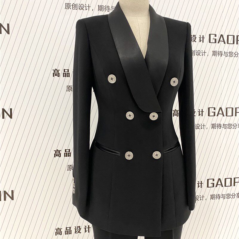 西装女2024春季时尚青果领外套气质高级感直筒裤黑色职业西服套装