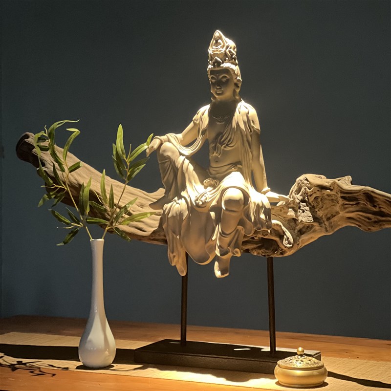 新中式实木天然风化木根艺根雕观音佛像摆件玄关客厅茶室家居装饰