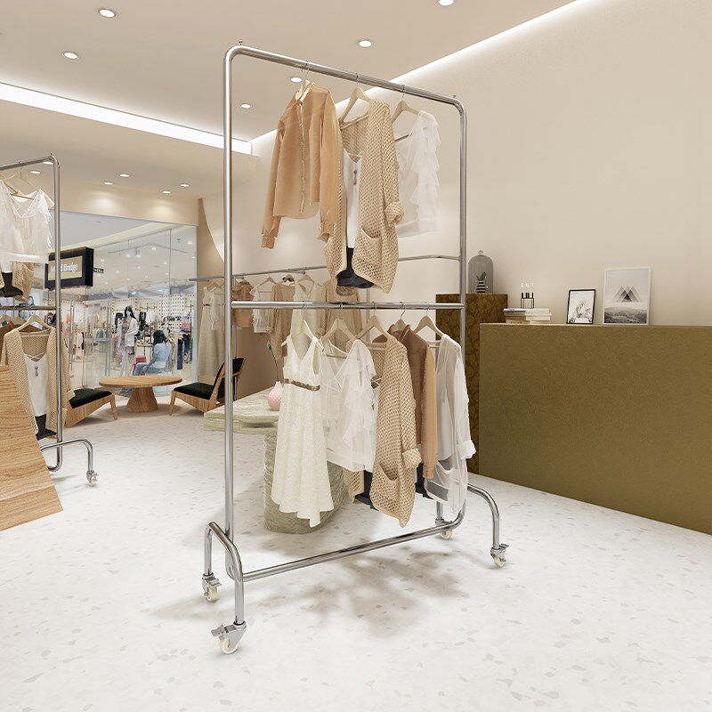 服装店展示架不锈钢双层挂衣杆女装店落地式银色带轮子衣服货架