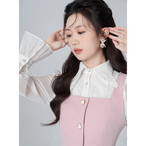 蕾丝边衬衫连衣裙女春季网纱公主裙子设计感吊带马甲甜美两件套装