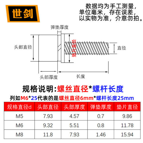 M4M5M6M8 不锈钢201内六角圆柱头螺钉三组合自带平弹垫三套装螺栓