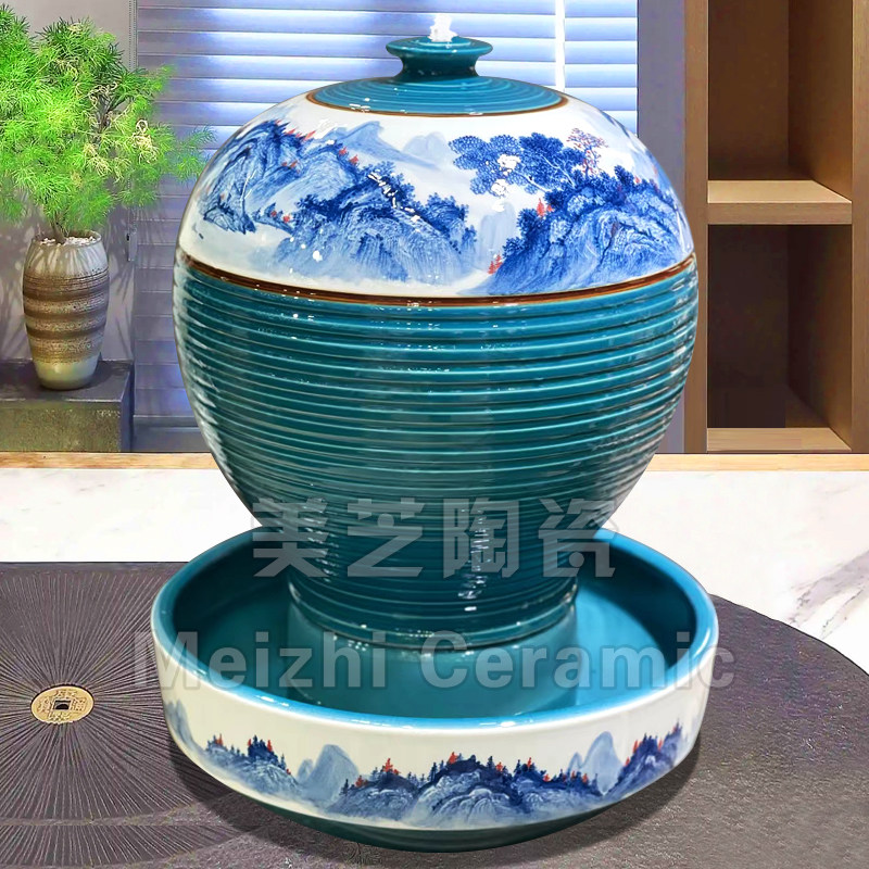 客厅手绘山水喷泉陶罐桌面流水摆件循环水景观花瓶加湿器乔迁礼品