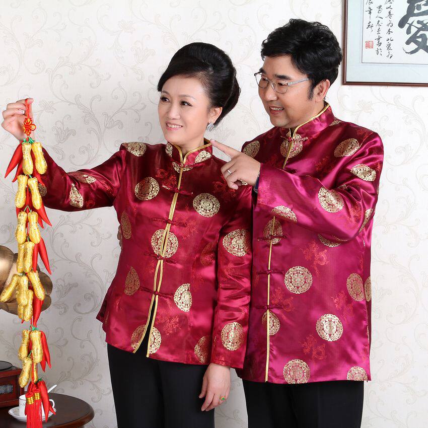 青年演出服全家福中式拍照服装男士唐装情侣外套金婚生日老年上衣