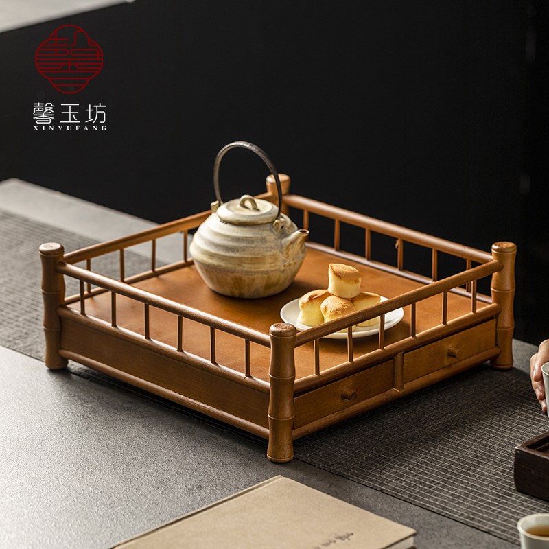 中式茶点盘茶桌置物架抽屉茶具收纳架茶室高档架子复古茶盘竹托盘