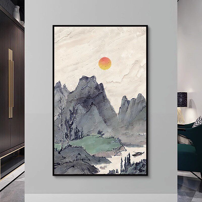 日出东方新中式肌理纯手绘油画客厅山水风景玄关餐厅装饰画挂画