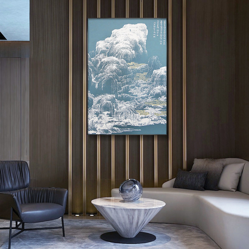 新中式入户玄关装饰画肌理金箔挂画书房轻奢立体浮雕建筑风景壁画