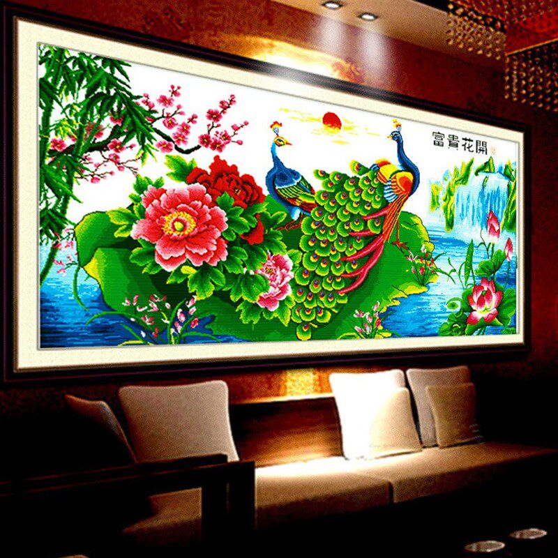 绣好的纯手工十字绣富贵花开孔雀旭日东升机绣成品新款客厅大幅
