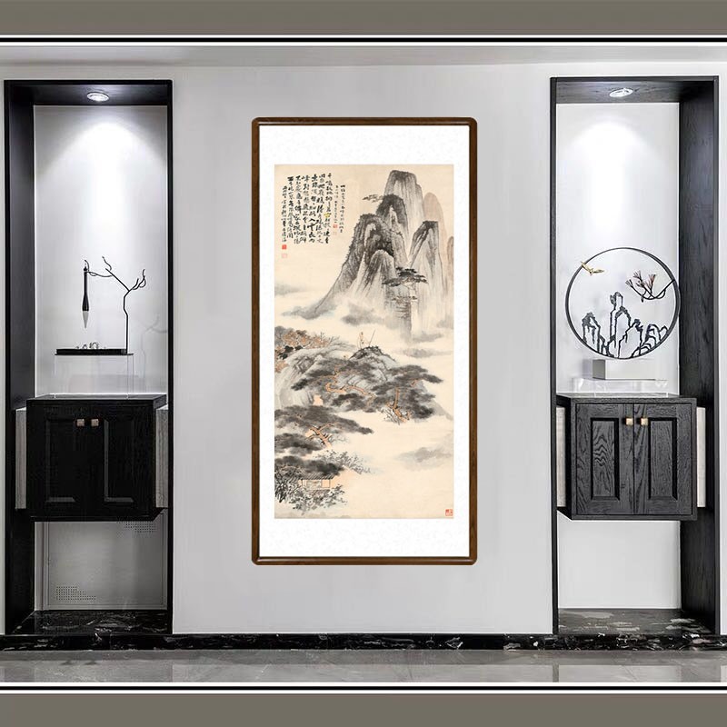 张大千拟石涛山水画酒店茶楼字画客厅装饰画入户玄关过道竖幅挂画