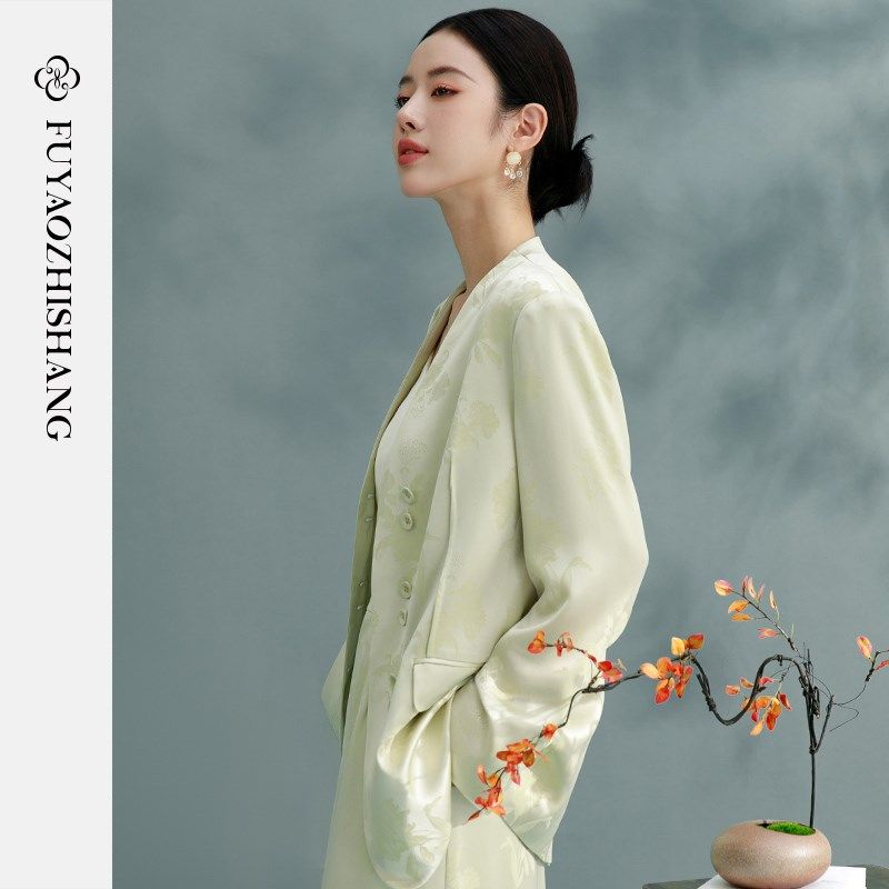 FUYAO扶摇 2025春季新款新中式宽版西装套装女国风提花西服两件套