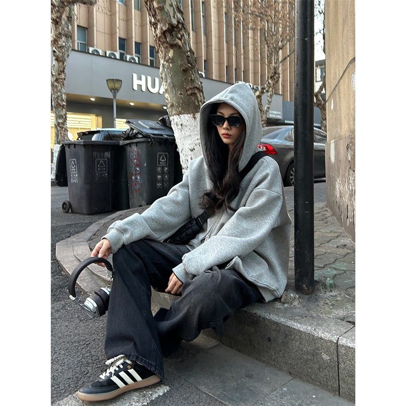 椰子树来了春秋美式重磅松弛感双拉链连帽开衫卫衣情侣宽松外套
