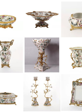 欧式玄关装饰摆件花插陶瓷配铜花瓶美式客厅工艺品黄铜装饰摆设