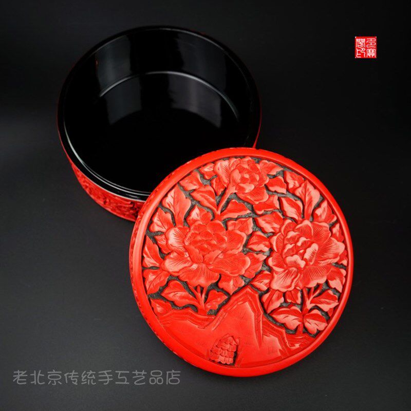出国特色礼品创汇非遗老货天然大漆漆器剔红纯手工老雕漆捧盒摆件