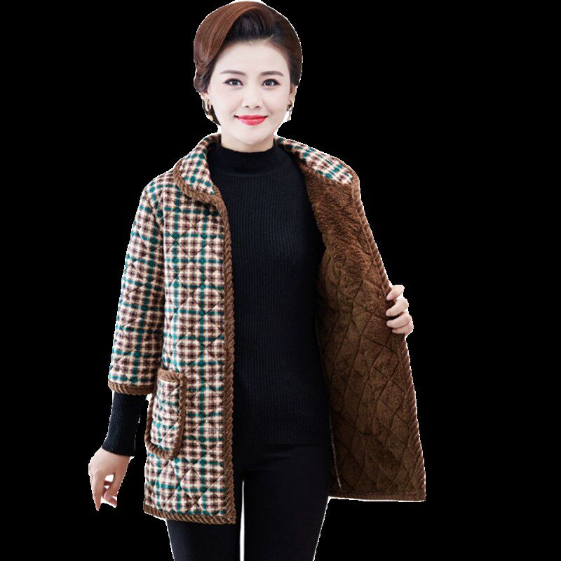 妈妈装冬季中长款加绒中袖棉衣马甲中老年女装七分袖保暖棉服马夹