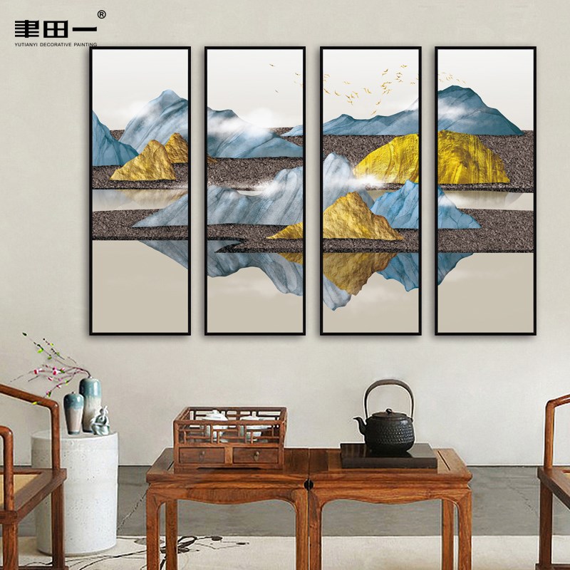 客厅沙发背景挂画 划新中式山水金山装饰画 划过道展厅四联整幅壁