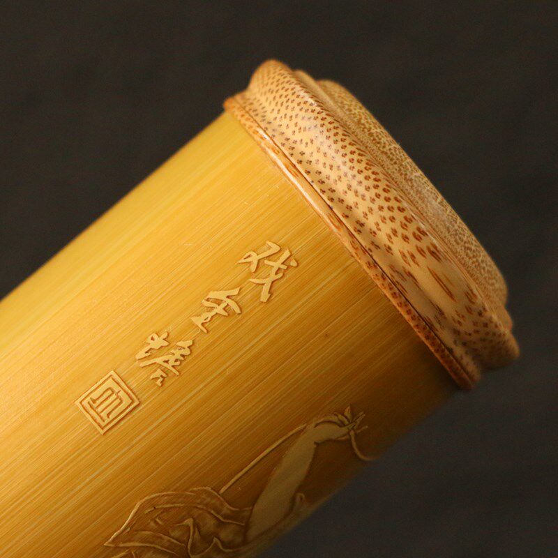 精品名家裘立钢纯手工留青雕刻老玉竹茶叶罐竹茶仓《刘海戏金蟾》