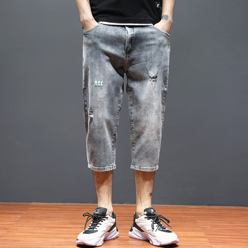 弹力破洞七分裤男士牛仔短裤夏季7分裤男中裤子休闲短裤八分马裤