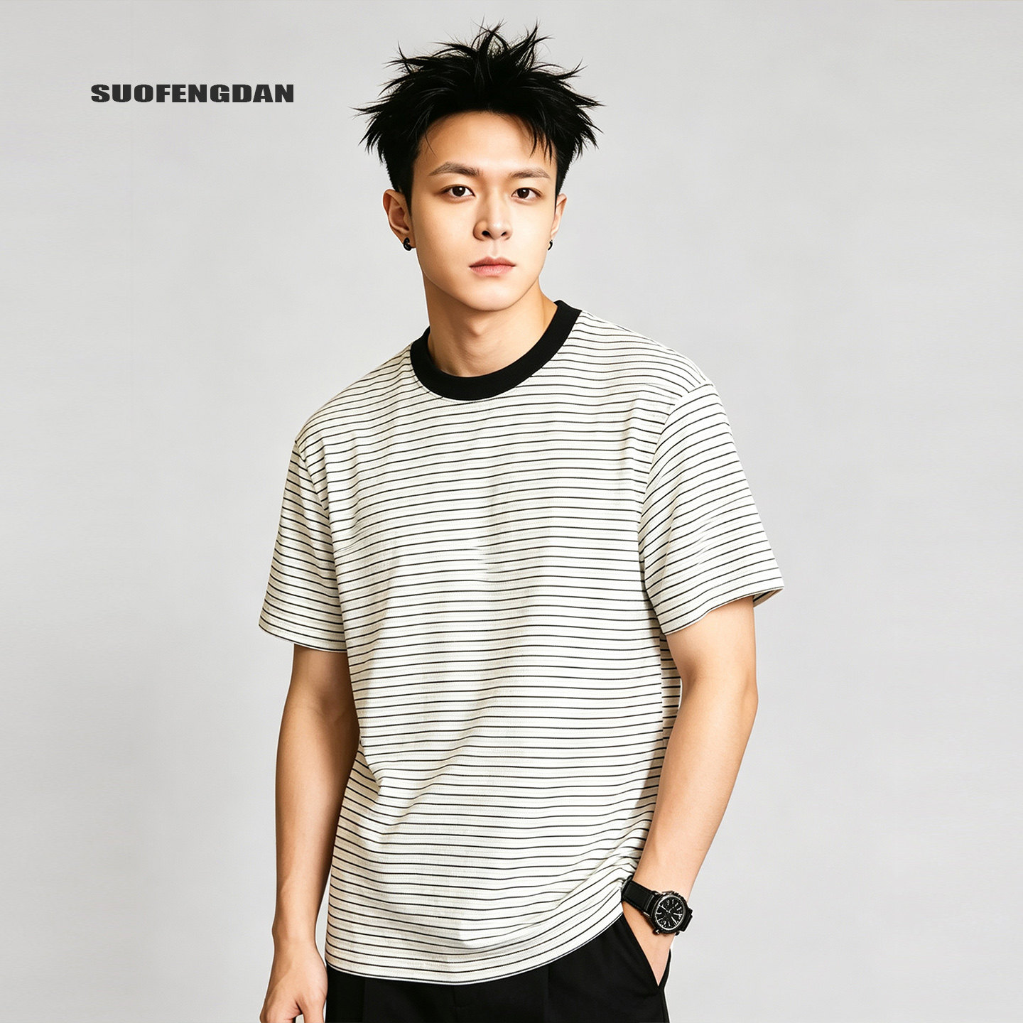 条纹T恤男短袖2026新款高级设计感小众潮牌宽松简约时尚圆领上衣