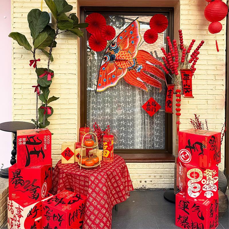 元旦2026马年装饰店铺橱窗背景打卡区新年场景风筝挂饰氛围感布置