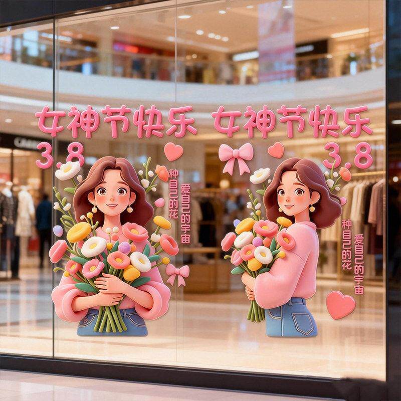 女神节贴纸38妇装饰玻璃门店铺拉门橱窗氛围布置三八窗画创意个