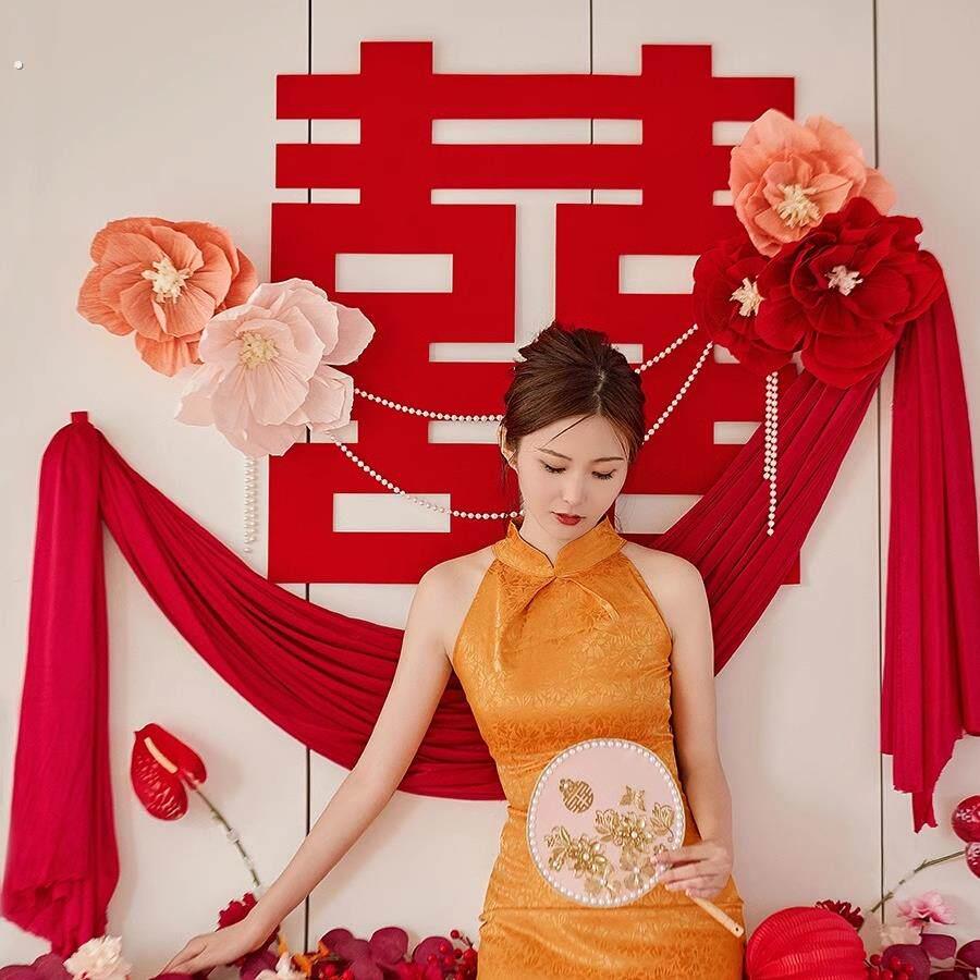 新婚房装饰布置男女双方简约立体玄关大喜字纱幔结婚墙面装饰用品