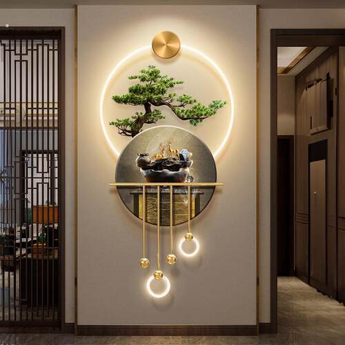 新中式迎客松玄关装饰画罗汉松柏树走廊壁画灯流水生财入户门挂画