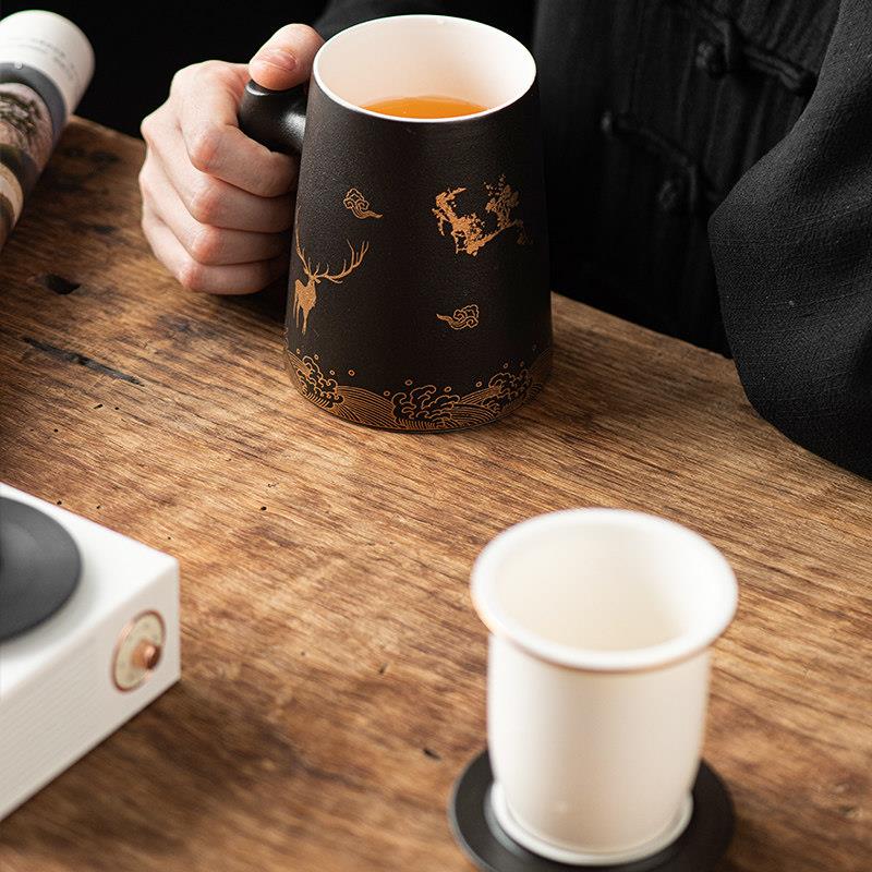 善简茶杯茶水分离带盖子子过滤大容量陶瓷马克杯男女水杯茶道杯子