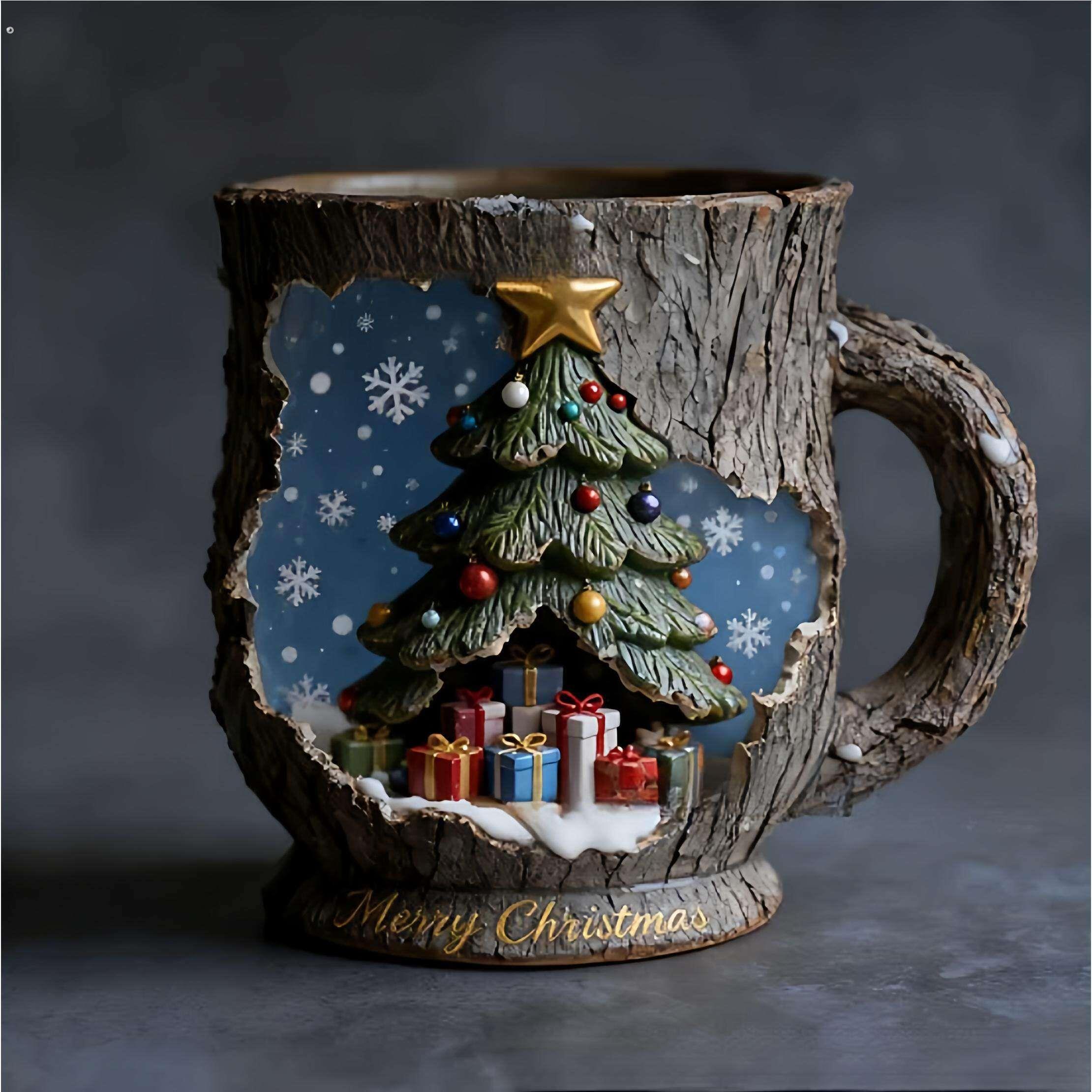 跨境耶诞主题马克杯创意耶诞节咖啡杯树脂工艺品立体浮雕图案杯子