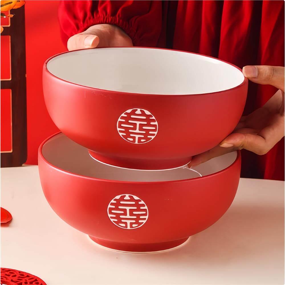 结婚吃饺子碗中式陶瓷碗大号新婚喜碗一对红色喜庆碗女方陪嫁面碗