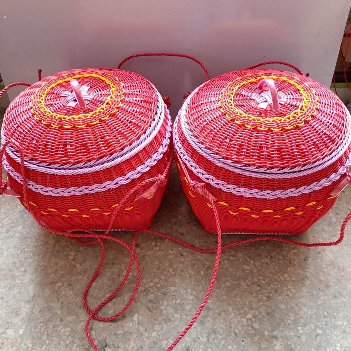 箩筐藤条手工编织乔迁大号篮子拜神品喜办庆带盖新房红色结婚婚庆