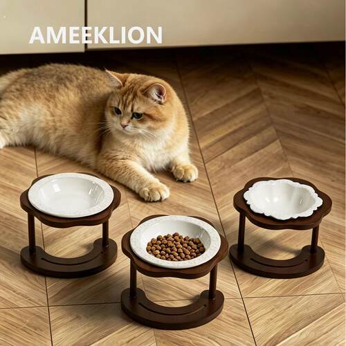 陶瓷猫碗增高架防打翻宠物高脚木架保护颈椎大口径狗碗狗食盆水碗